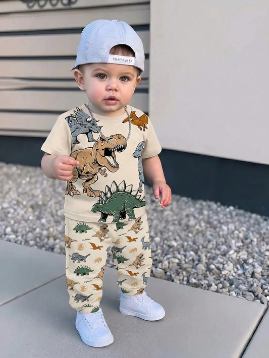 Baby Boys Loose Sports Casual Simple Comfortable Short Sleeve T-Shirt And Long Pants 2-Piece Set, Suitable For Spring/Summer, Classic Cool Handsome Cartoon Jurassic Dinosaur Pattern Print, Classic Tyr