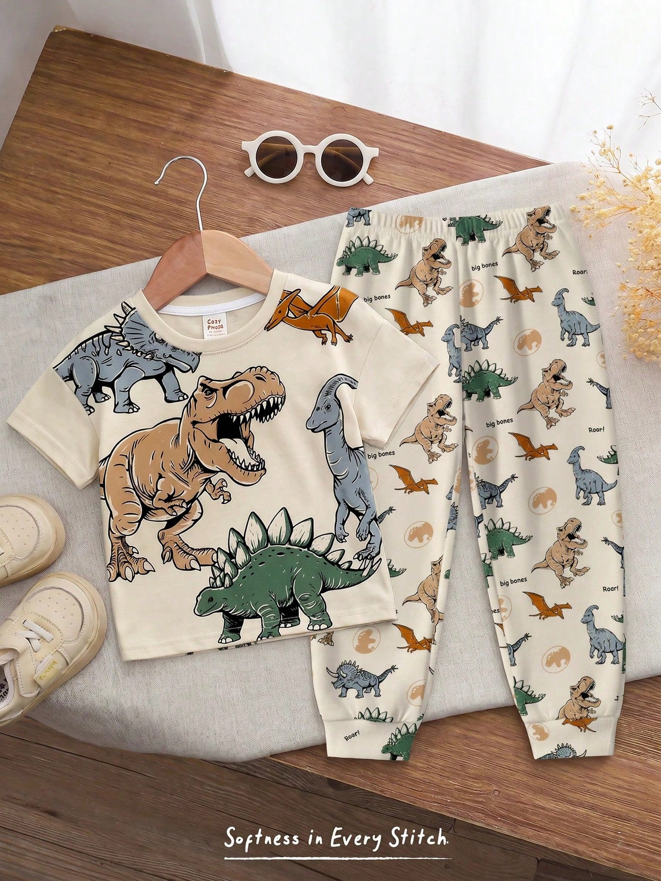 Baby Boys Loose Sports Casual Simple Comfortable Short Sleeve T-Shirt And Long Pants 2-Piece Set, Suitable For Spring/Summer, Classic Cool Handsome Cartoon Jurassic Dinosaur Pattern Print, Classic Tyr