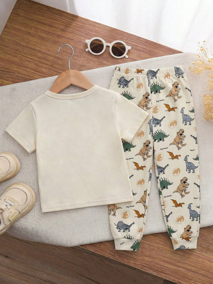 Baby Boys Loose Sports Casual Simple Comfortable Short Sleeve T-Shirt And Long Pants 2-Piece Set, Suitable For Spring/Summer, Classic Cool Handsome Cartoon Jurassic Dinosaur Pattern Print, Classic Tyr