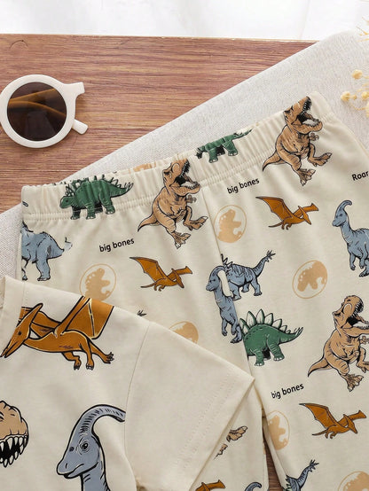Baby Boys Loose Sports Casual Simple Comfortable Short Sleeve T-Shirt And Long Pants 2-Piece Set, Suitable For Spring/Summer, Classic Cool Handsome Cartoon Jurassic Dinosaur Pattern Print, Classic Tyr