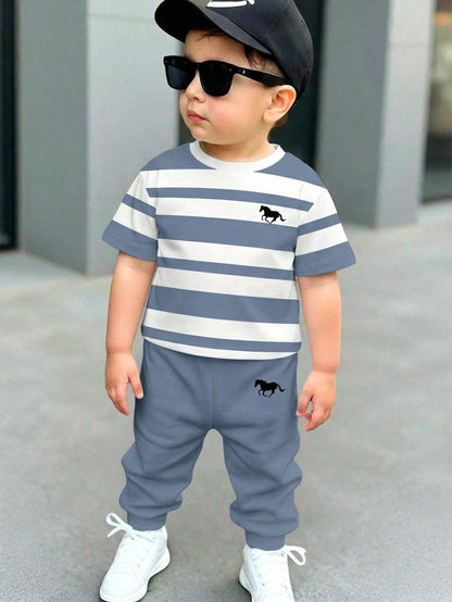 Baby Boys Loose Sports Casual Simple Comfortable Short Sleeve T-Shirt And Long Pants 2-Piece Set, Suitable For Spring/Summer, Classic Cool Handsome Cartoon Jurassic Dinosaur Pattern Print, Classic Tyr