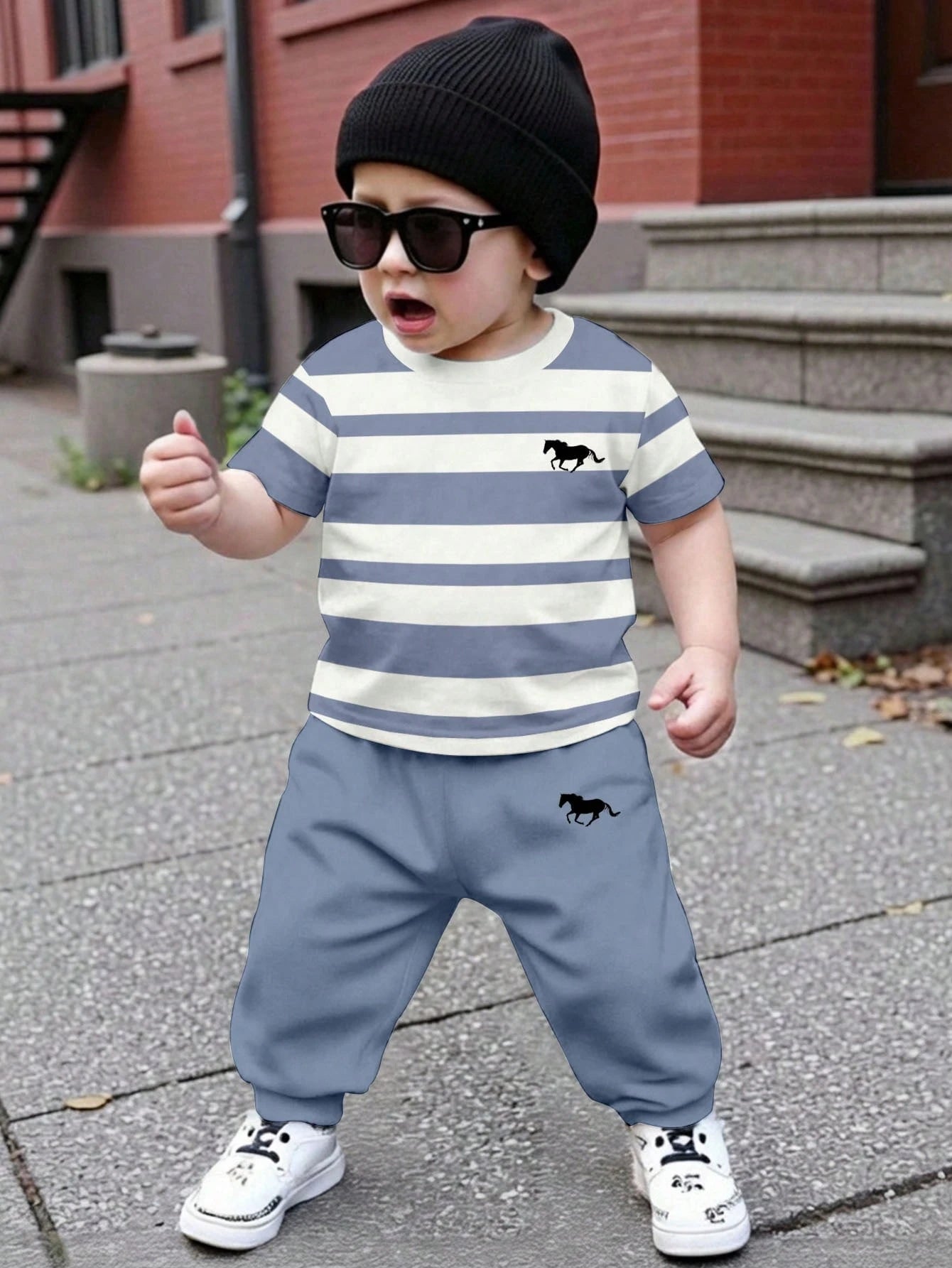 Baby Boys Loose Sports Casual Simple Comfortable Short Sleeve T-Shirt And Long Pants 2-Piece Set, Suitable For Spring/Summer, Classic Cool Handsome Cartoon Jurassic Dinosaur Pattern Print, Classic Tyr
