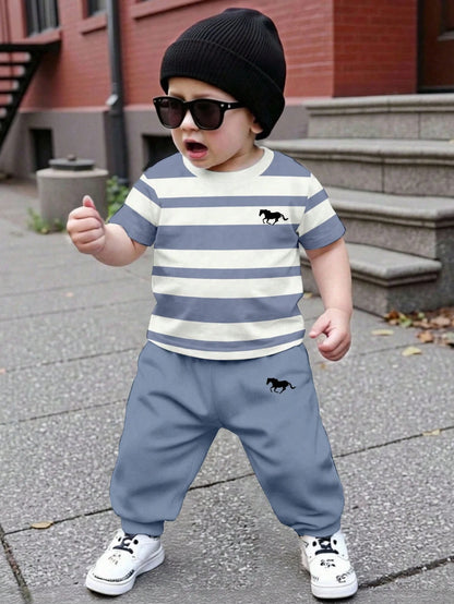 Baby Boys Loose Sports Casual Simple Comfortable Short Sleeve T-Shirt And Long Pants 2-Piece Set, Suitable For Spring/Summer, Classic Cool Handsome Cartoon Jurassic Dinosaur Pattern Print, Classic Tyr