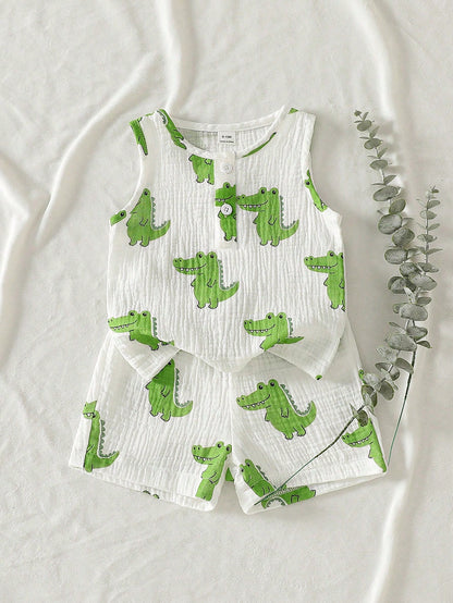 Baby Boys Summer White & Green Vibrant Playful Crocodile Print Sleeveless Tank Top & Shorts Set, Loose Comfortable Fit, Suitable For Daily Outings, School Activities, Family Gatherings, Outdoor