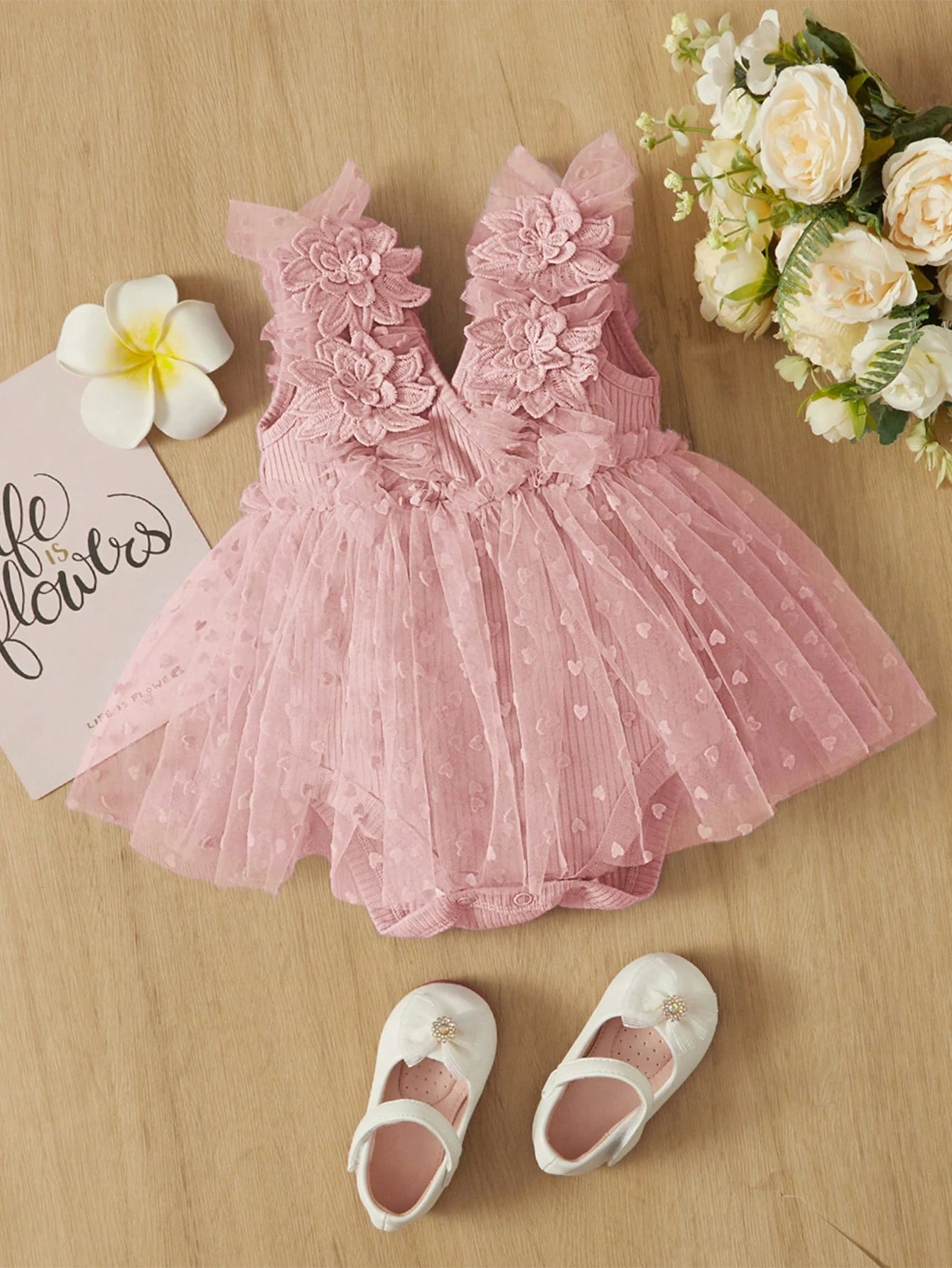 Baby Girl Appliques Heart Mesh Hem Bodysuit