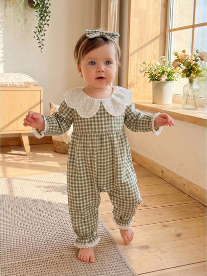 Baby Girl Autumn Plaid Romper Long Sleeve Eyelet Petal Doll Collar Bodysuit With Bow Headband
