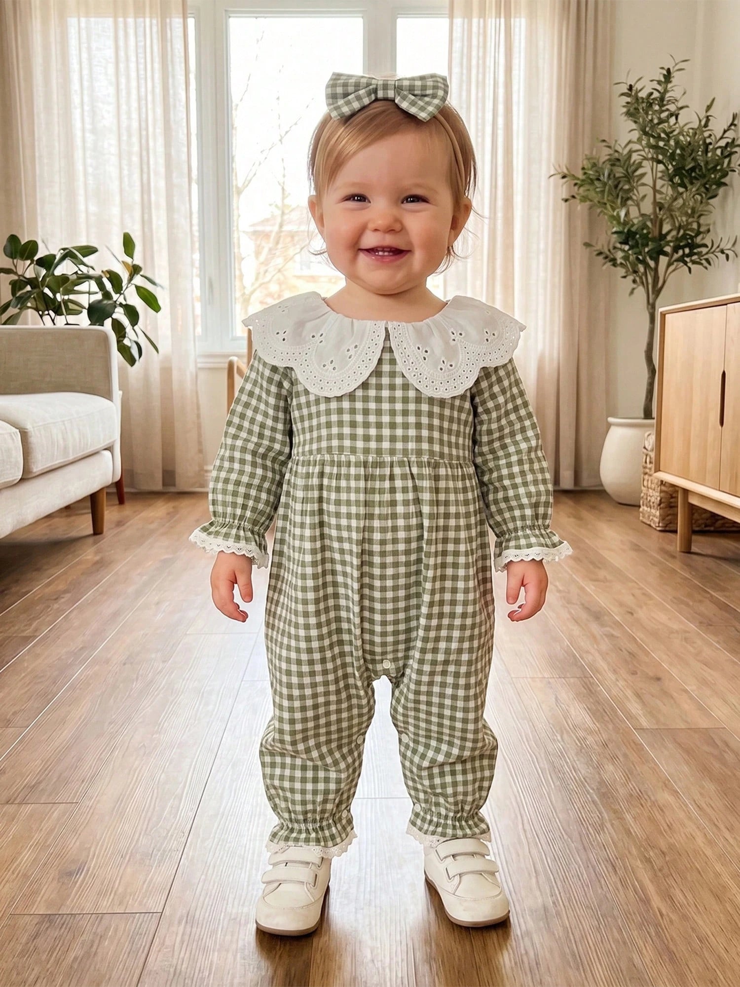Baby Girl Autumn Plaid Romper Long Sleeve Eyelet Petal Doll Collar Bodysuit With Bow Headband