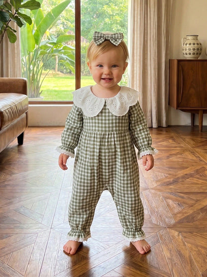 Baby Girl Autumn Plaid Romper Long Sleeve Eyelet Petal Doll Collar Bodysuit With Bow Headband