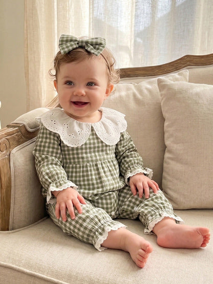 Baby Girl Autumn Plaid Romper Long Sleeve Eyelet Petal Doll Collar Bodysuit With Bow Headband