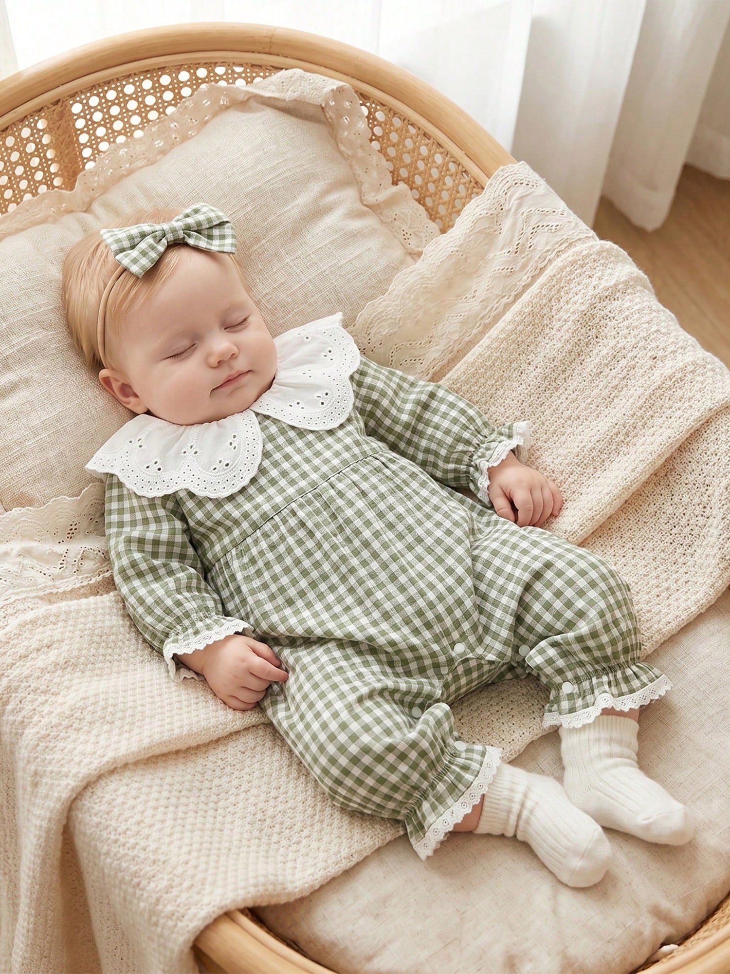 Baby Girl Autumn Plaid Romper Long Sleeve Eyelet Petal Doll Collar Bodysuit With Bow Headband