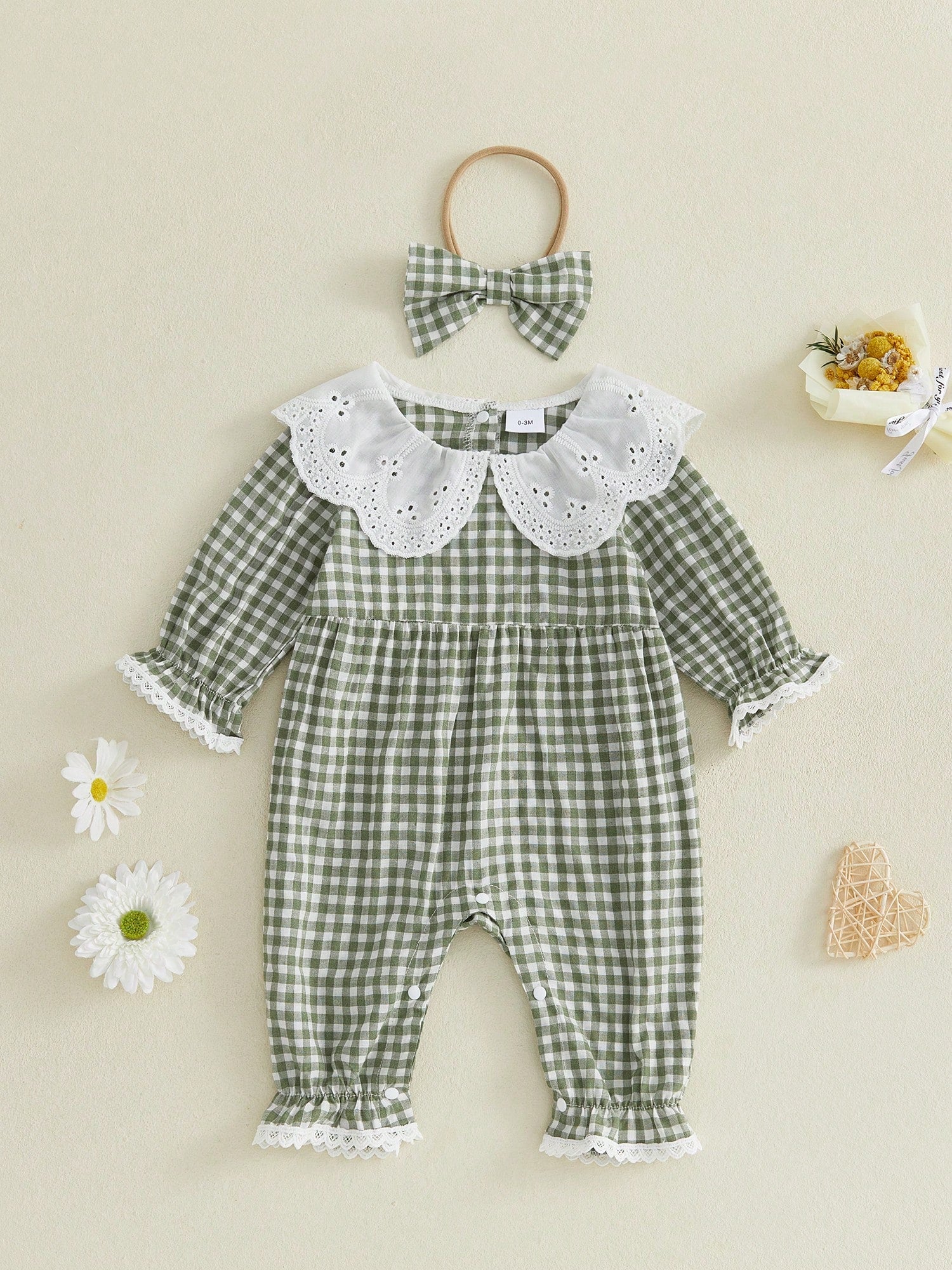 Baby Girl Autumn Plaid Romper Long Sleeve Eyelet Petal Doll Collar Bodysuit With Bow Headband