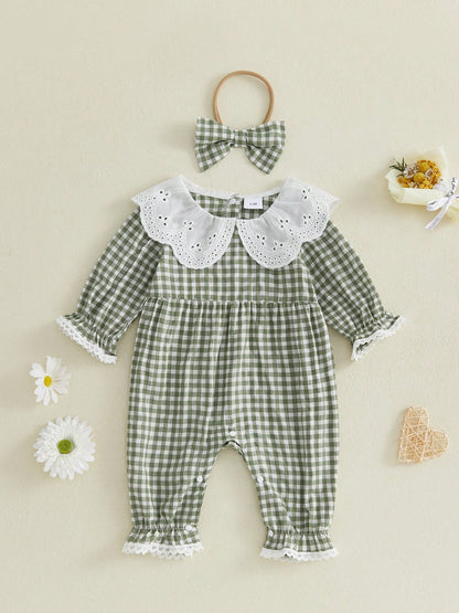 Baby Girl Autumn Plaid Romper Long Sleeve Eyelet Petal Doll Collar Bodysuit With Bow Headband