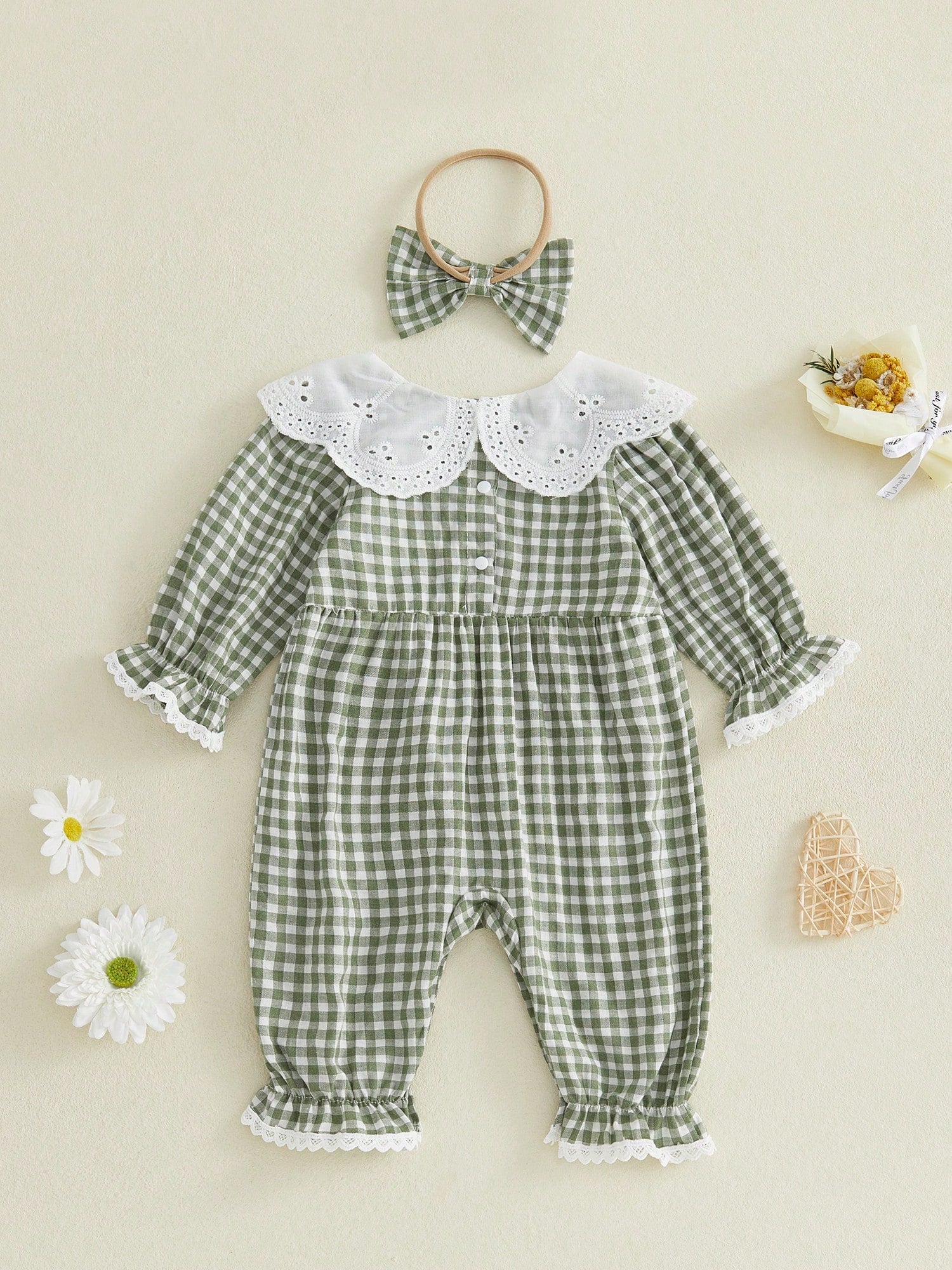 Baby Girl Autumn Plaid Romper Long Sleeve Eyelet Petal Doll Collar Bodysuit With Bow Headband