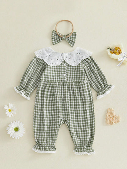 Baby Girl Autumn Plaid Romper Long Sleeve Eyelet Petal Doll Collar Bodysuit With Bow Headband