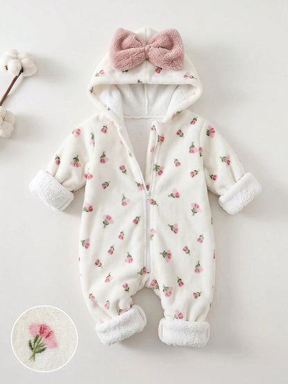 Baby Girl Bow Decor Fluffy Hooded Romper