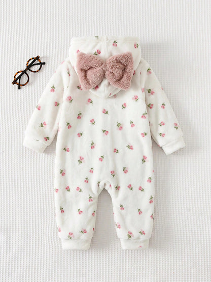 Baby Girl Bow Decor Fluffy Hooded Romper