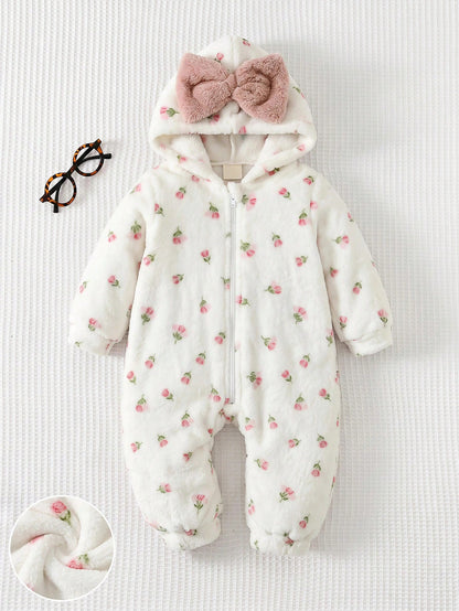 Baby Girl Bow Decor Fluffy Hooded Romper
