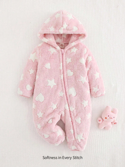 Baby Girl Bow Decor Fluffy Hooded Romper
