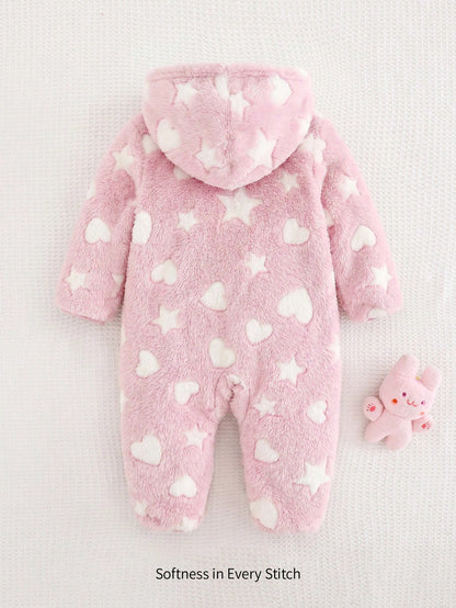 Baby Girl Bow Decor Fluffy Hooded Romper