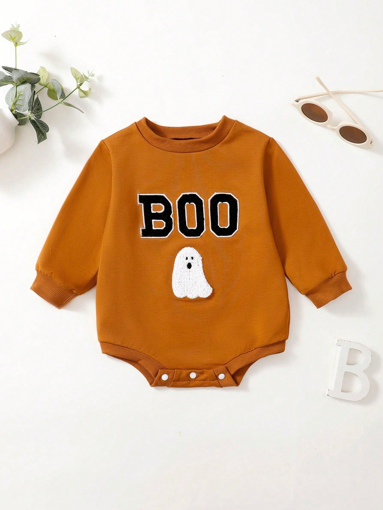 Baby Girl Casual Cute Pumpkin Embroidery Halloween Bodysuit, For Halloween Party