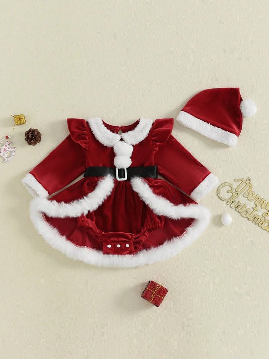 Baby Girl Christmas Outfit Romper Dress Plush Patchwork Long Sleeve Romper Jumpsuits And Cute Santa Hat Set For Toddler My First Christmas Baby Girl Outfit