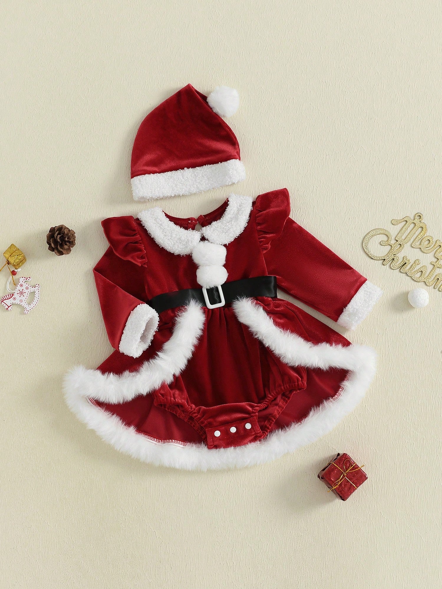 Baby Girl Christmas Outfit Romper Dress Plush Patchwork Long Sleeve Romper Jumpsuits And Cute Santa Hat Set For Toddler My First Christmas Baby Girl Outfit