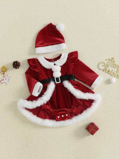 Baby Girl Christmas Outfit Romper Dress Plush Patchwork Long Sleeve Romper Jumpsuits And Cute Santa Hat Set For Toddler My First Christmas Baby Girl Outfit