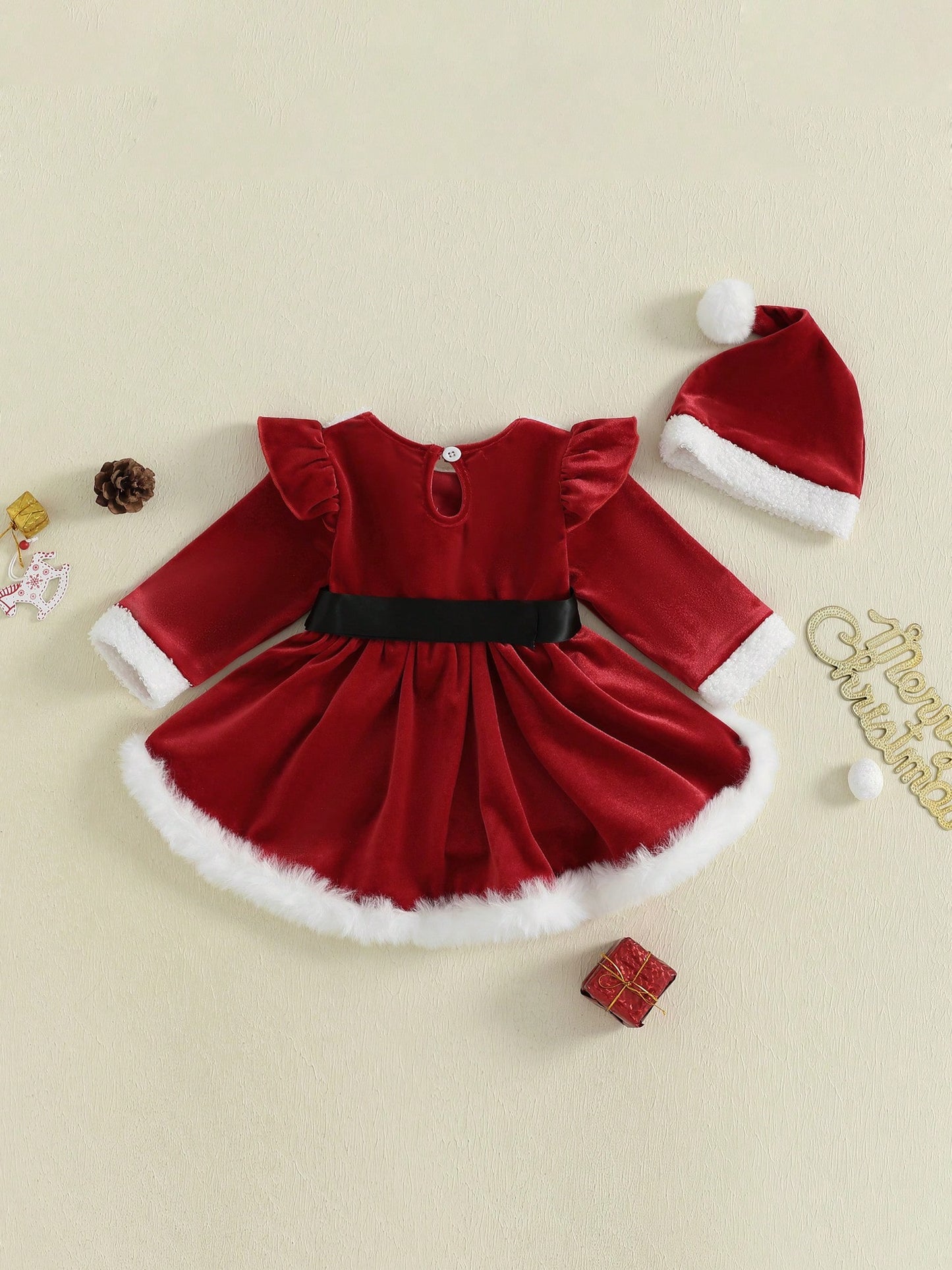 Baby Girl Christmas Outfit Romper Dress Plush Patchwork Long Sleeve Romper Jumpsuits And Cute Santa Hat Set For Toddler My First Christmas Baby Girl Outfit