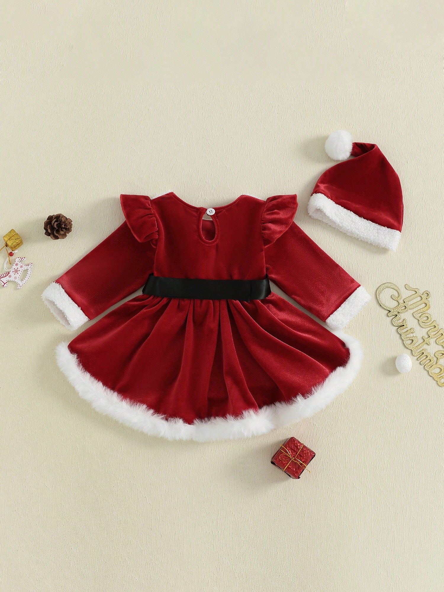 Baby Girl Christmas Outfit Romper Dress Plush Patchwork Long Sleeve Romper Jumpsuits And Cute Santa Hat Set For Toddler My First Christmas Baby Girl Outfit
