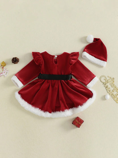 Baby Girl Christmas Outfit Romper Dress Plush Patchwork Long Sleeve Romper Jumpsuits And Cute Santa Hat Set For Toddler My First Christmas Baby Girl Outfit