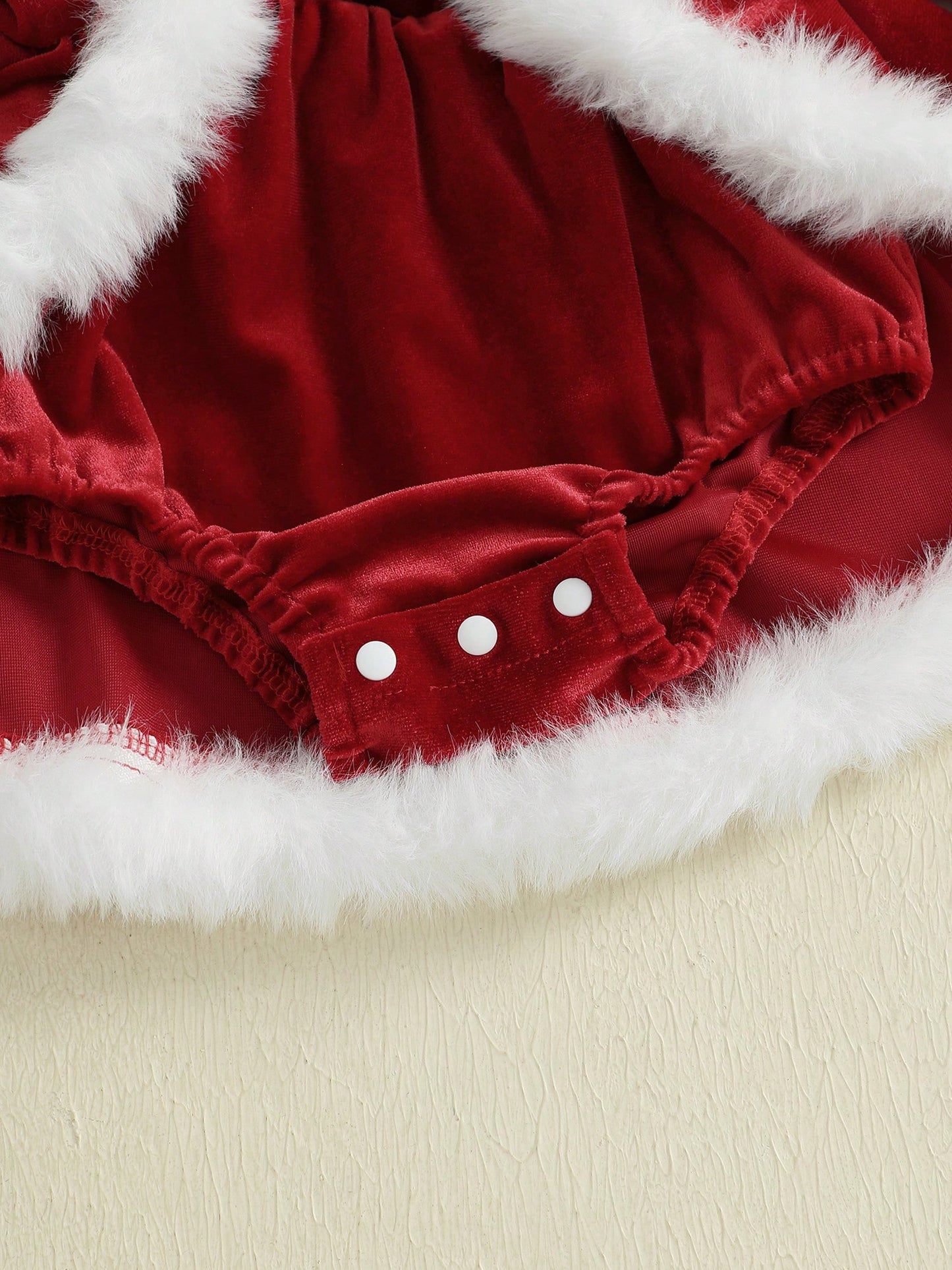 Baby Girl Christmas Outfit Romper Dress Plush Patchwork Long Sleeve Romper Jumpsuits And Cute Santa Hat Set For Toddler My First Christmas Baby Girl Outfit