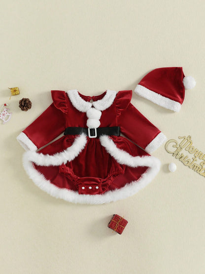 Baby Girl Christmas Outfit Romper Dress Plush Patchwork Long Sleeve Romper Jumpsuits And Cute Santa Hat Set For Toddler My First Christmas Baby Girl Outfit
