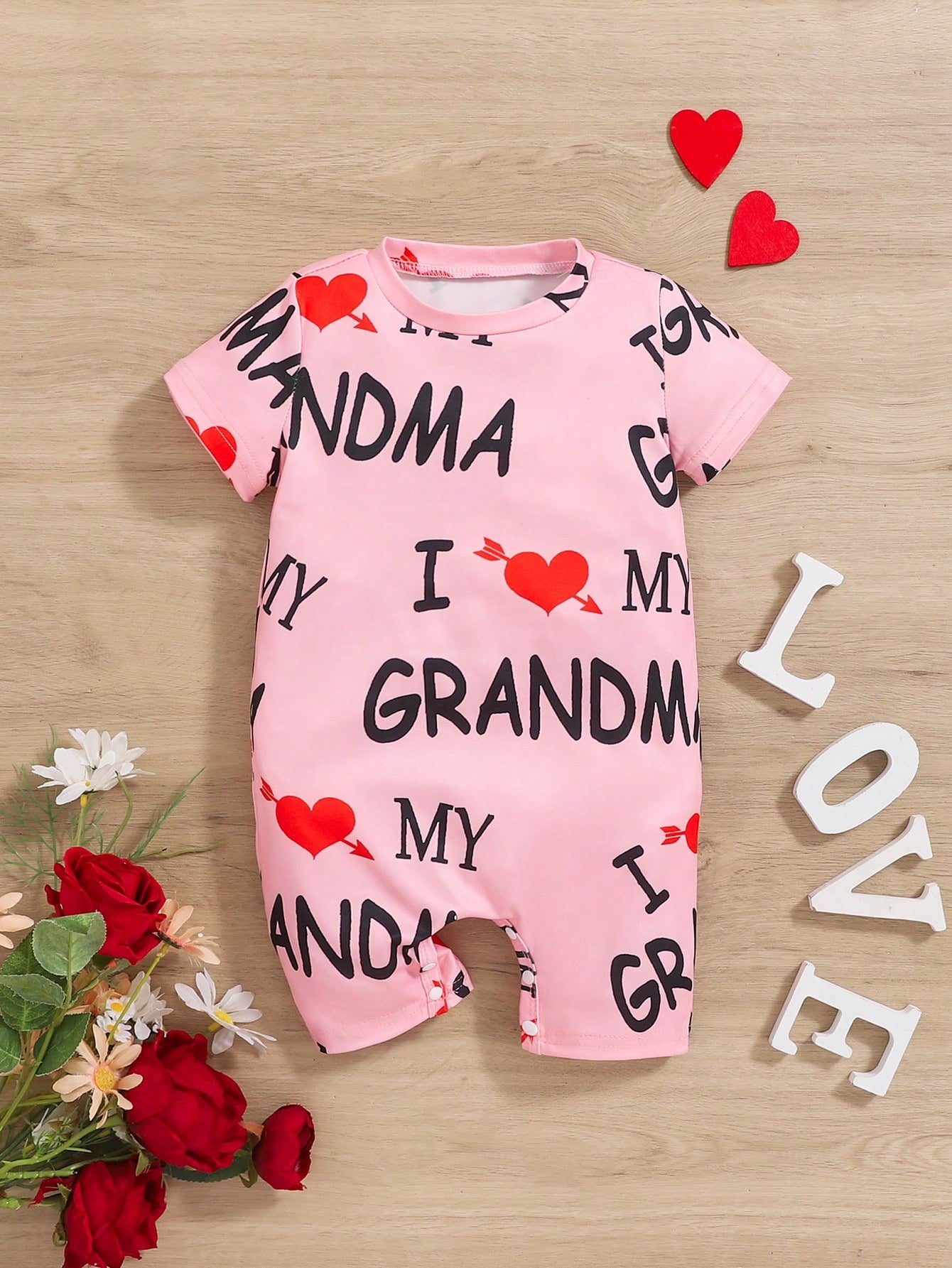 Baby Girl Cute Casual Letter & Heart Print Comfortable Short Sleeve Romper, Daily Summer Outerwear