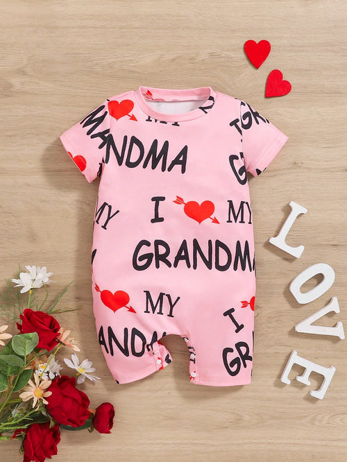 Baby Girl Cute Casual Letter & Heart Print Comfortable Short Sleeve Romper, Daily Summer Outerwear