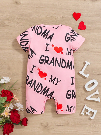 Baby Girl Cute Casual Letter & Heart Print Comfortable Short Sleeve Romper, Daily Summer Outerwear
