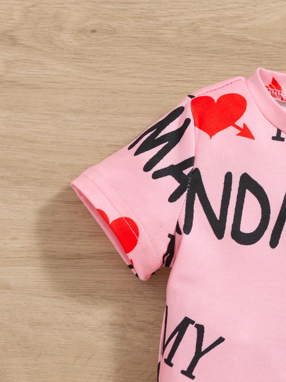 Baby Girl Cute Casual Letter & Heart Print Comfortable Short Sleeve Romper, Daily Summer Outerwear