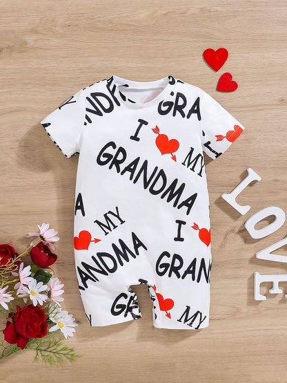 Baby Girl Cute Casual Letter & Heart Print Comfortable Short Sleeve Romper, Daily Summer Outerwear