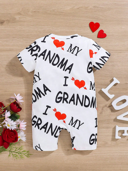 Baby Girl Cute Casual Letter & Heart Print Comfortable Short Sleeve Romper, Daily Summer Outerwear