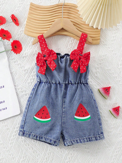 Baby Girl Fashionable Polka Dot Contrast Color Strap Bow Decor Romper