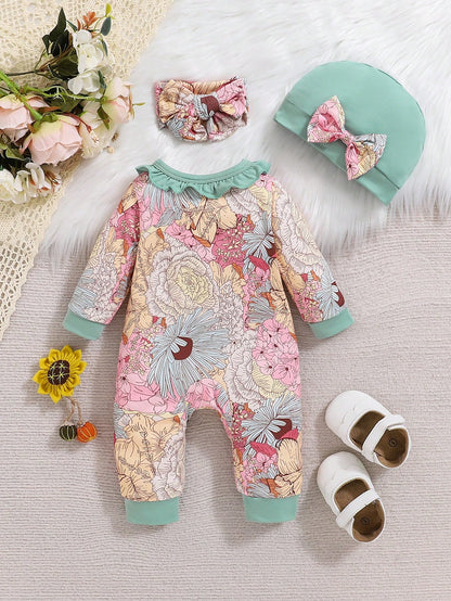 Baby Girl Floral Print Jumpsuit With Hat, Autumn/Winter