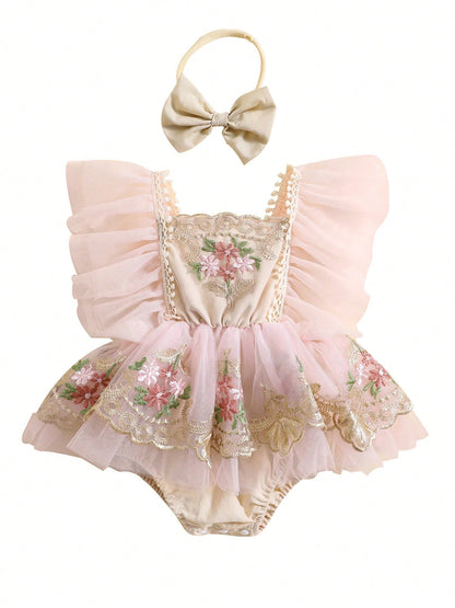 Baby Girl Floral Romper Tulle Lace Sleeveless Dress Flowers Embroidery Ruffle Bodysuit Headband Newborn Summer Dress