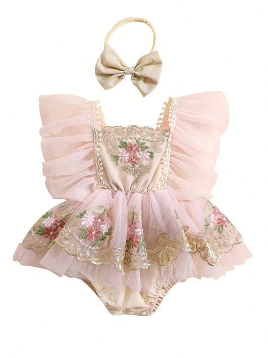 Baby Girl Floral Romper Tulle Lace Sleeveless Dress Flowers Embroidery Ruffle Bodysuit Headband Newborn Summer Dress