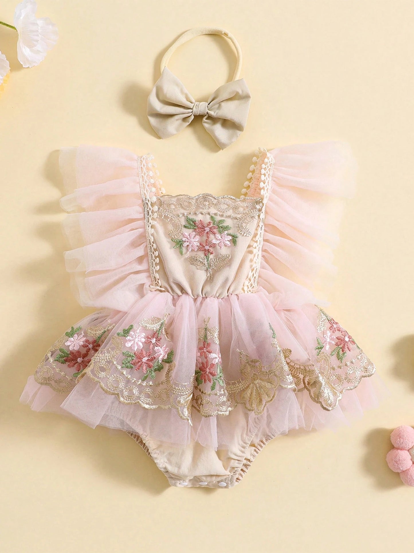 Baby Girl Floral Romper Tulle Lace Sleeveless Dress Flowers Embroidery Ruffle Bodysuit Headband Newborn Summer Dress