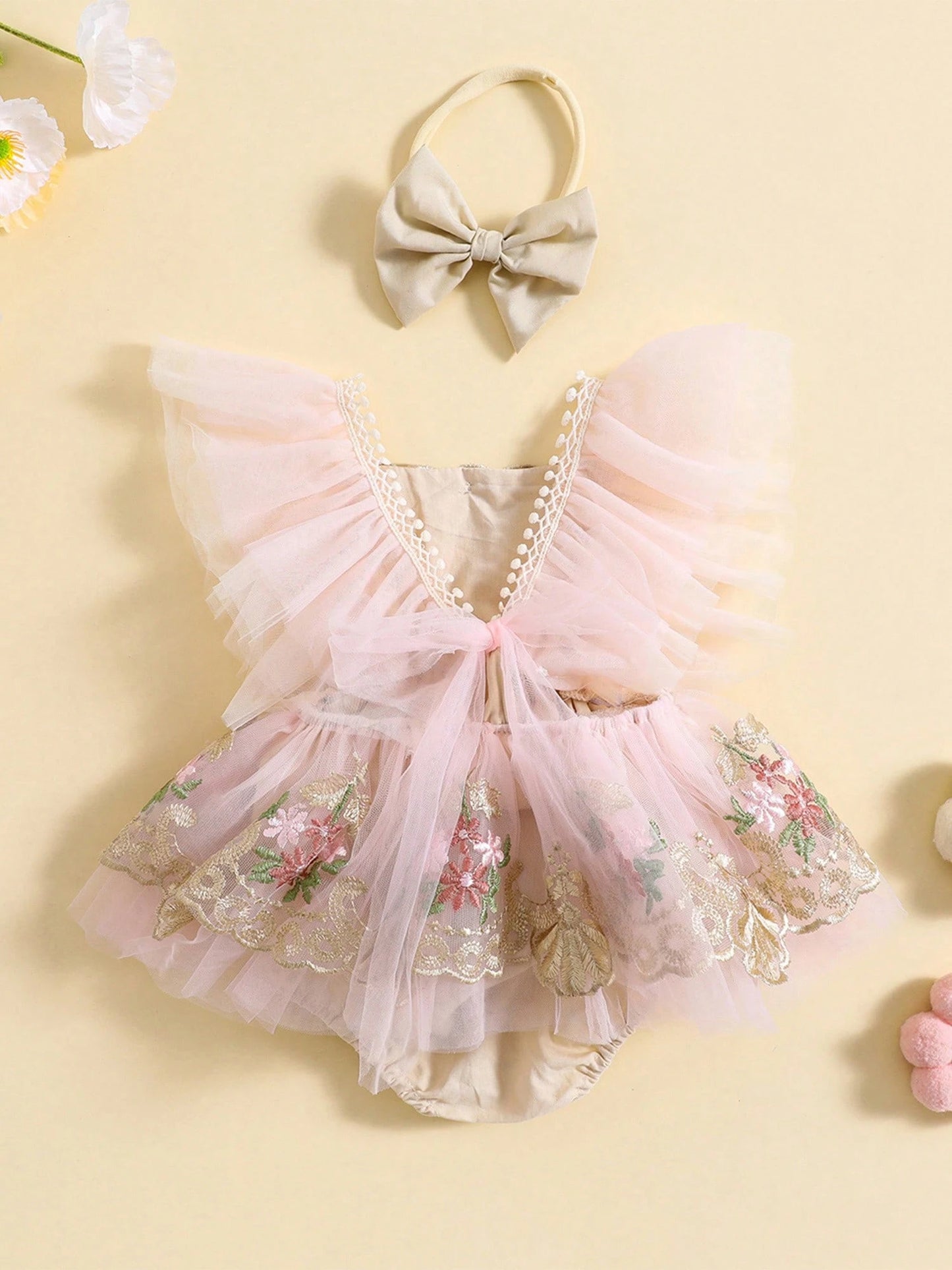 Baby Girl Floral Romper Tulle Lace Sleeveless Dress Flowers Embroidery Ruffle Bodysuit Headband Newborn Summer Dress