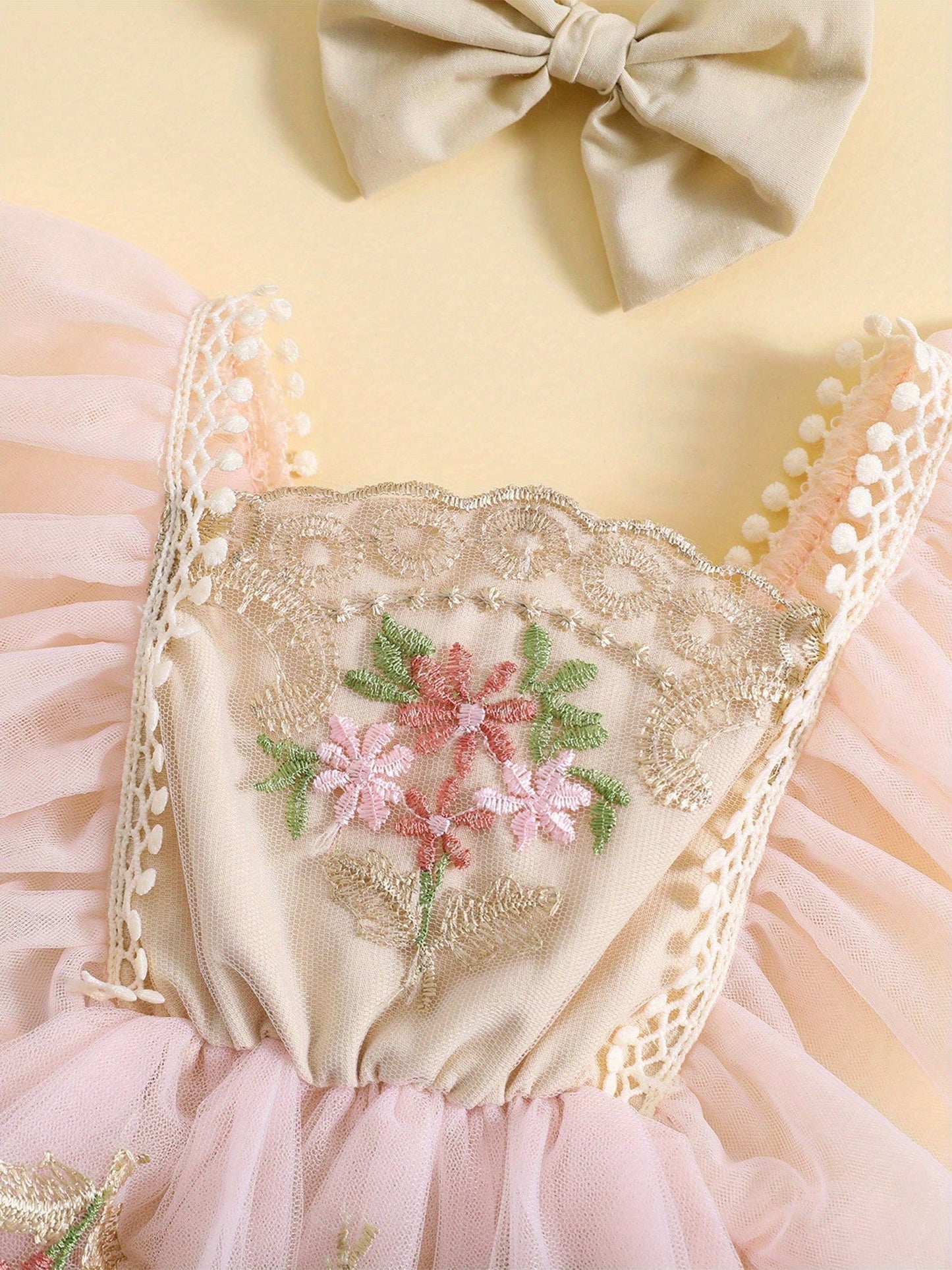 Baby Girl Floral Romper Tulle Lace Sleeveless Dress Flowers Embroidery Ruffle Bodysuit Headband Newborn Summer Dress