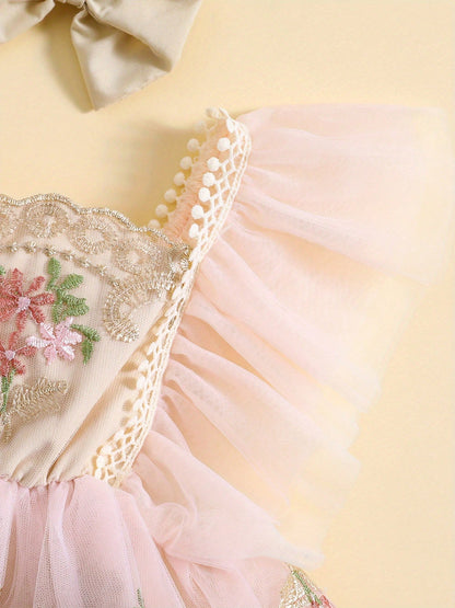 Baby Girl Floral Romper Tulle Lace Sleeveless Dress Flowers Embroidery Ruffle Bodysuit Headband Newborn Summer Dress