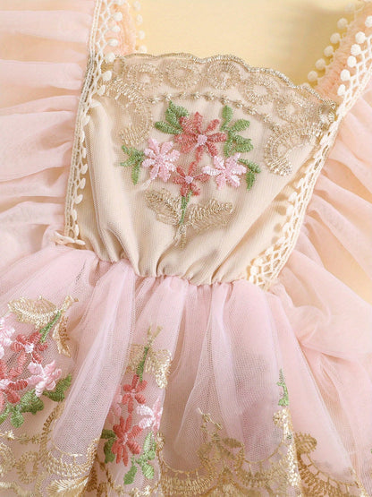 Baby Girl Floral Romper Tulle Lace Sleeveless Dress Flowers Embroidery Ruffle Bodysuit Headband Newborn Summer Dress