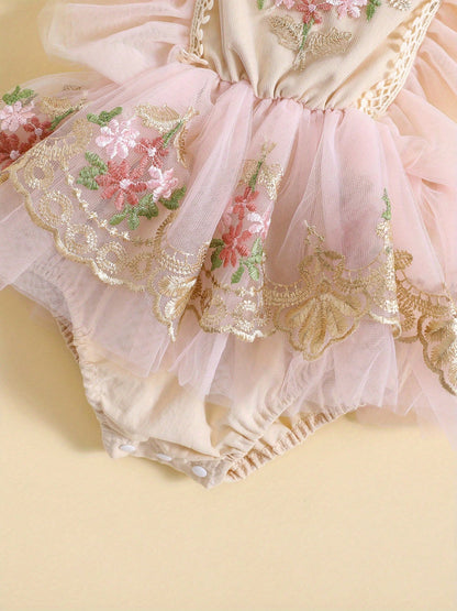 Baby Girl Floral Romper Tulle Lace Sleeveless Dress Flowers Embroidery Ruffle Bodysuit Headband Newborn Summer Dress
