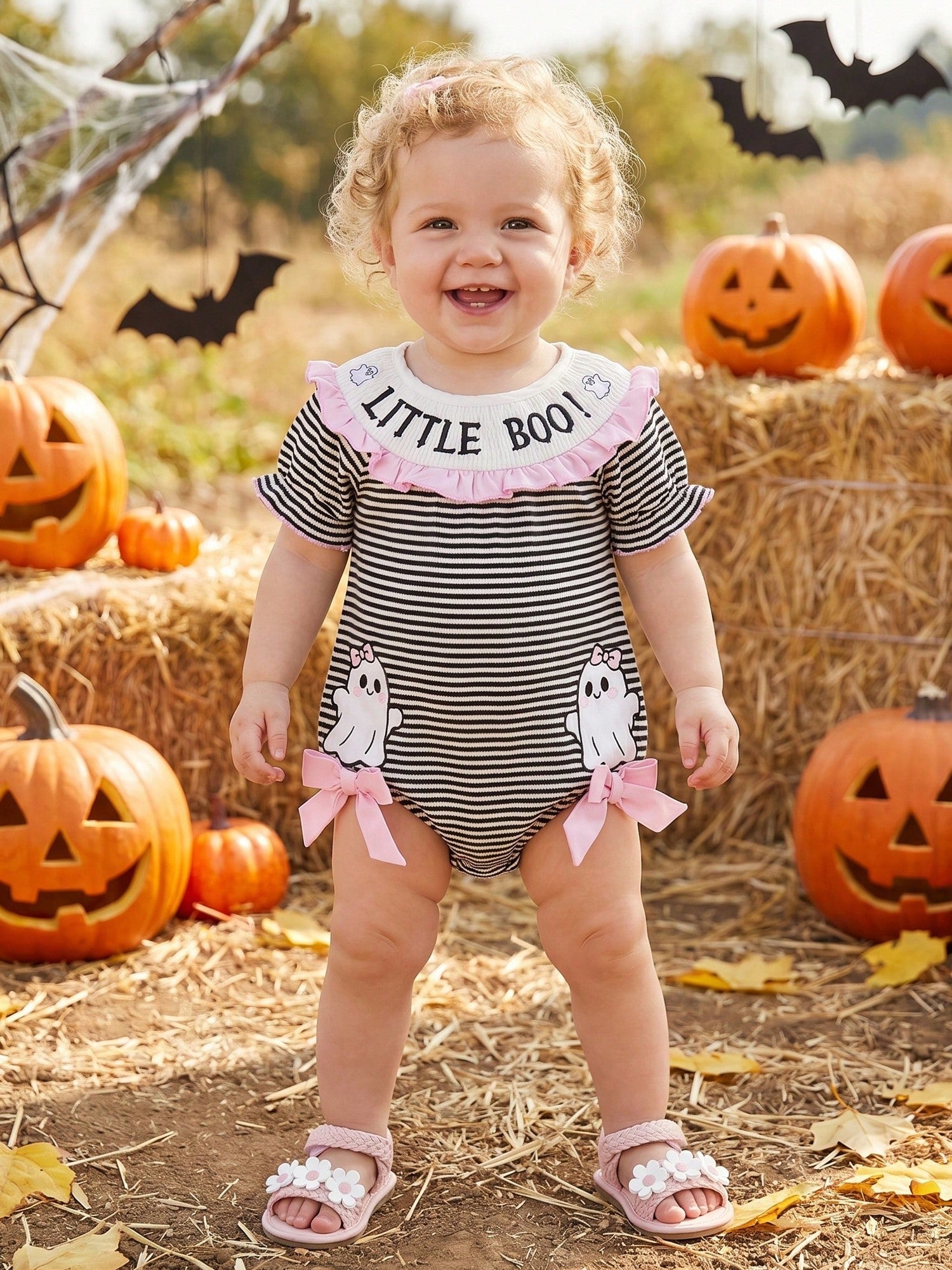 Baby Girl Football Outfit Smocked Bubble Romper Long Sleeve Cutest Football Fan Embroidery Striped Jumpsuit One Piece Fall Winter Clothes