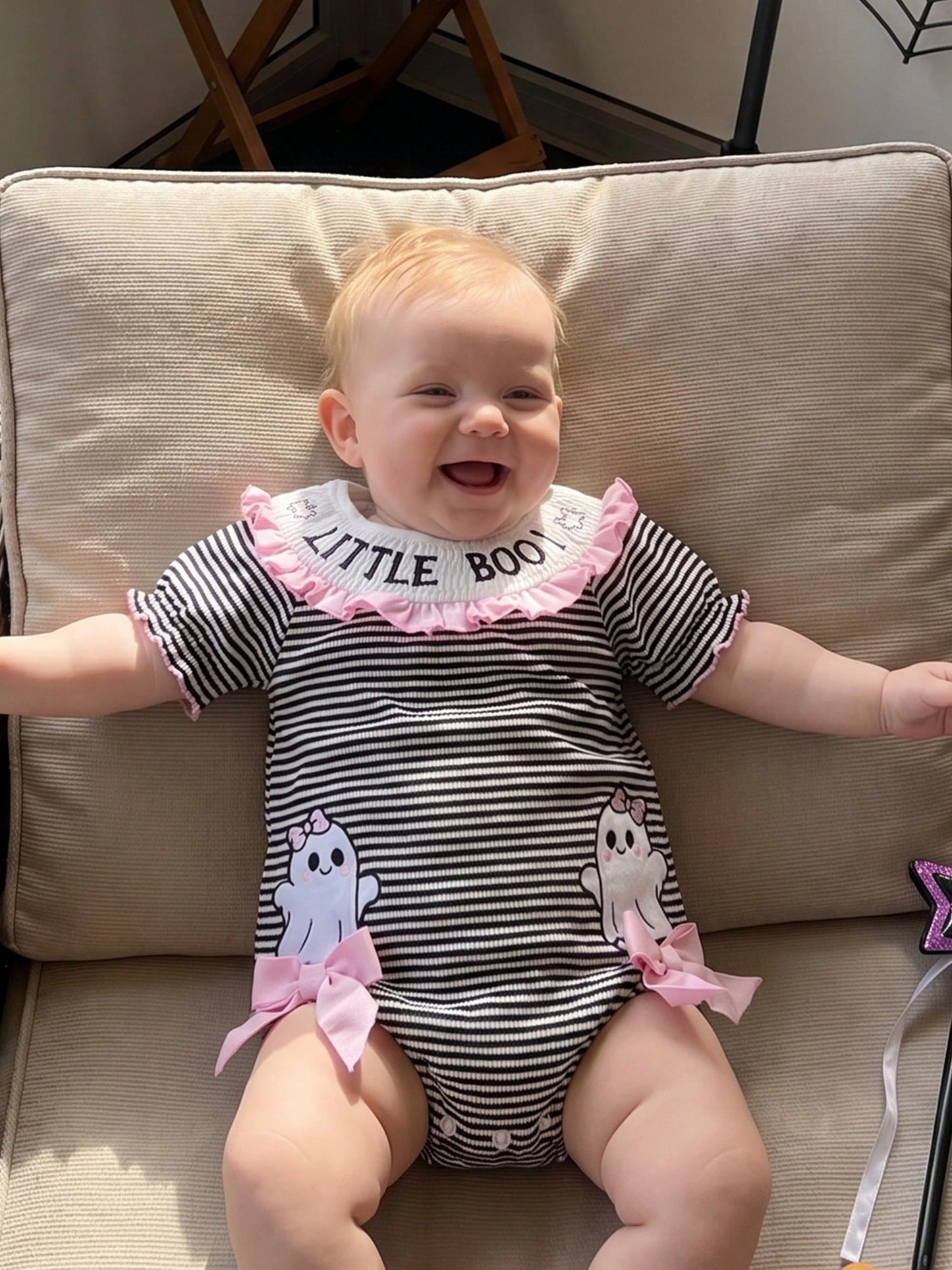 Baby Girl Football Outfit Smocked Bubble Romper Long Sleeve Cutest Football Fan Embroidery Striped Jumpsuit One Piece Fall Winter Clothes